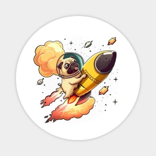 pug flying into space with a rocket Magnet